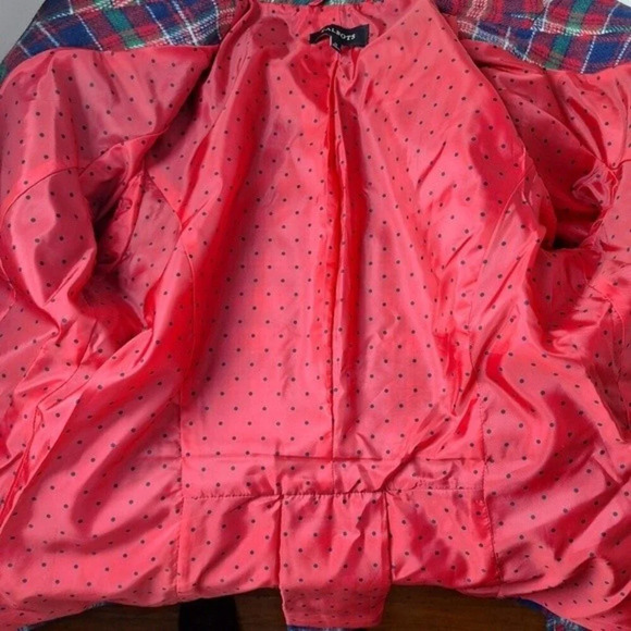 Talbots Womens Sz 12 Red Blue Green Wool Blend Tartan Plaid Crest Buttons Blazer - Picture 10 of 11